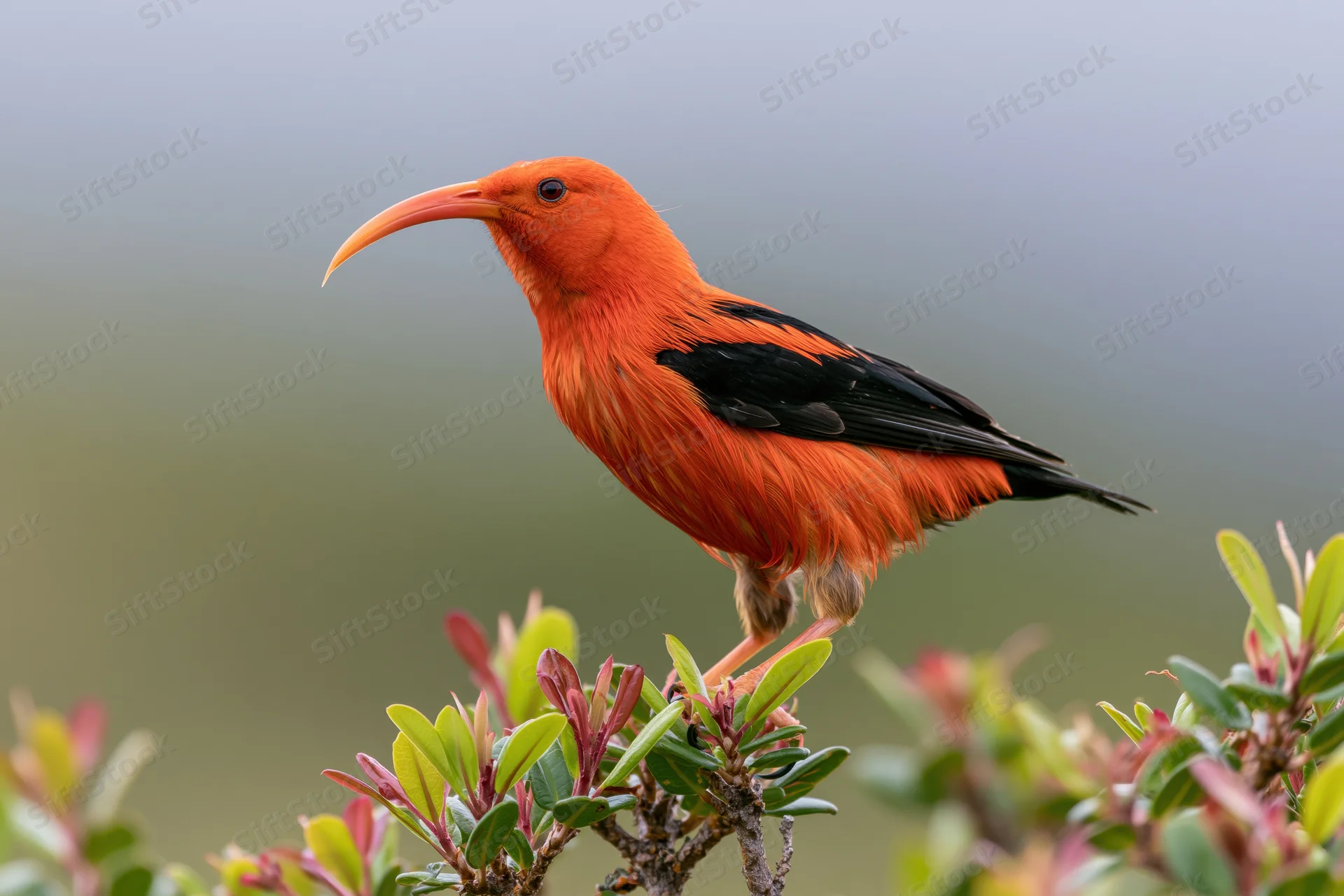 Iiwi honeycreeper perched on a branch with green foliage in a natural setting