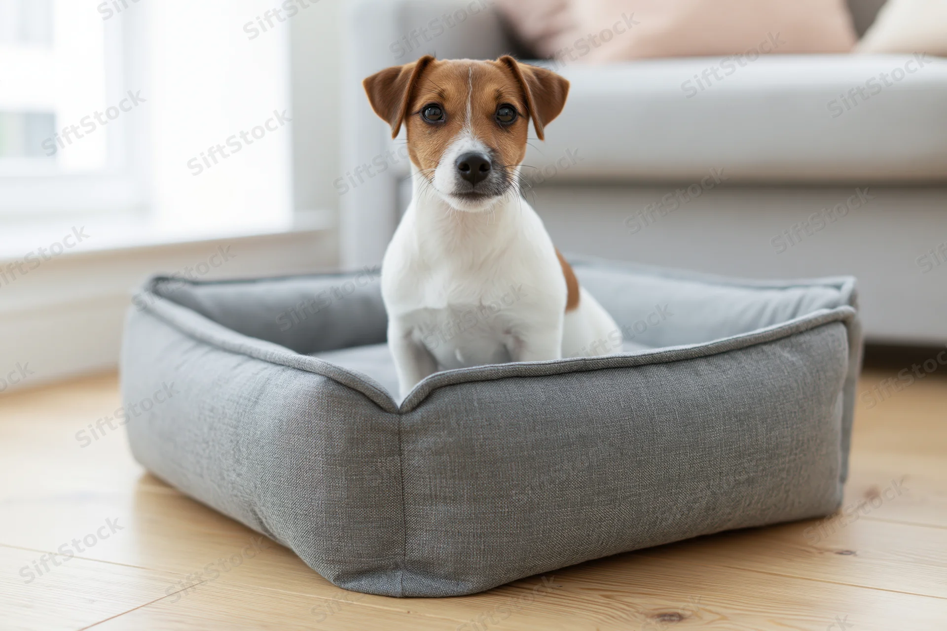 Jack russell puppy sitting upright in a gray fabric dog bed on wooden floor in living room