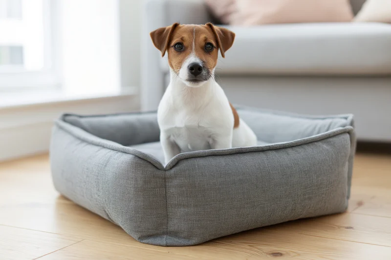 Jack russell puppy sitting upright in a gray fabric dog bed on wooden floor in living room