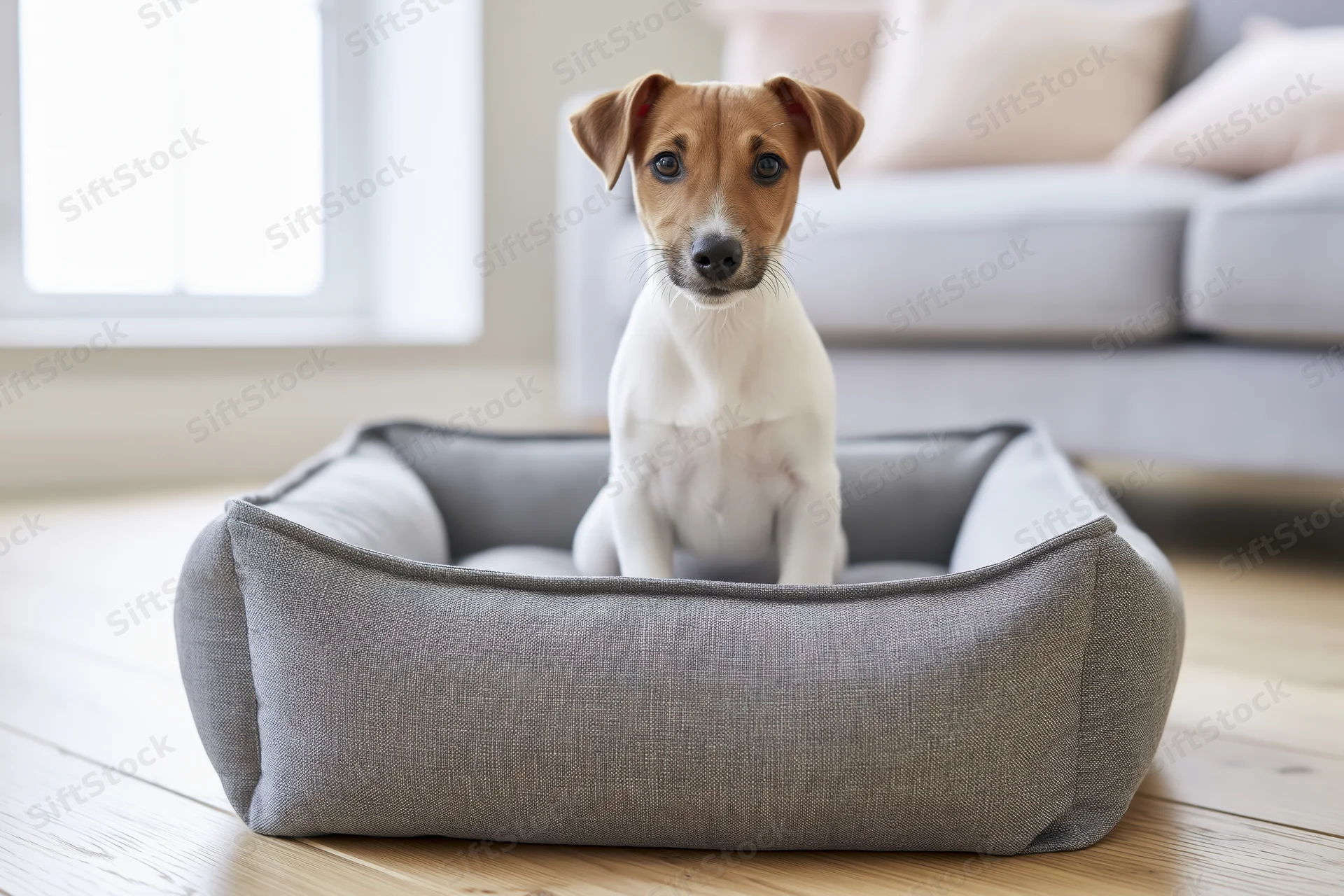 Jack russell terrier puppy sitting upright in a grey fabric dog bed in a living room