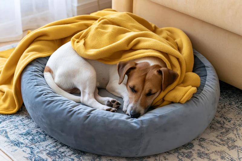 Jack russell terrier sleeping curled up in a grey dog bed under a yellow blanket on a patterned rug near a sofa