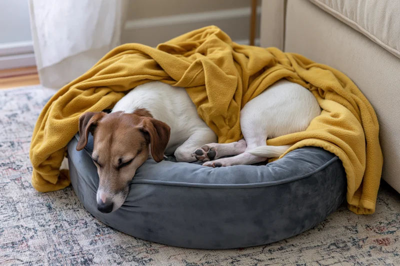Jack russell terrier sleeping curled up in a grey pet bed covered with a yellow blanket on a patterned rug
