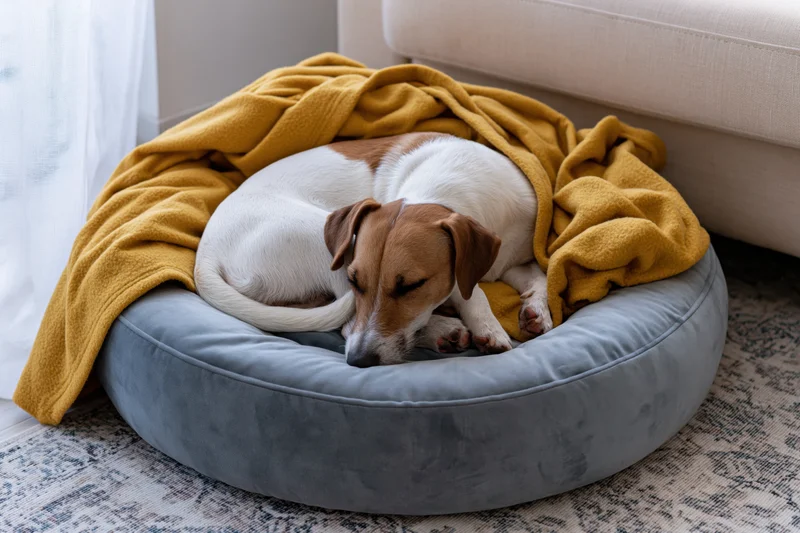 Jack russell terrier sleeping curled up on round grey velvet pet bed under yellow blanket in living room