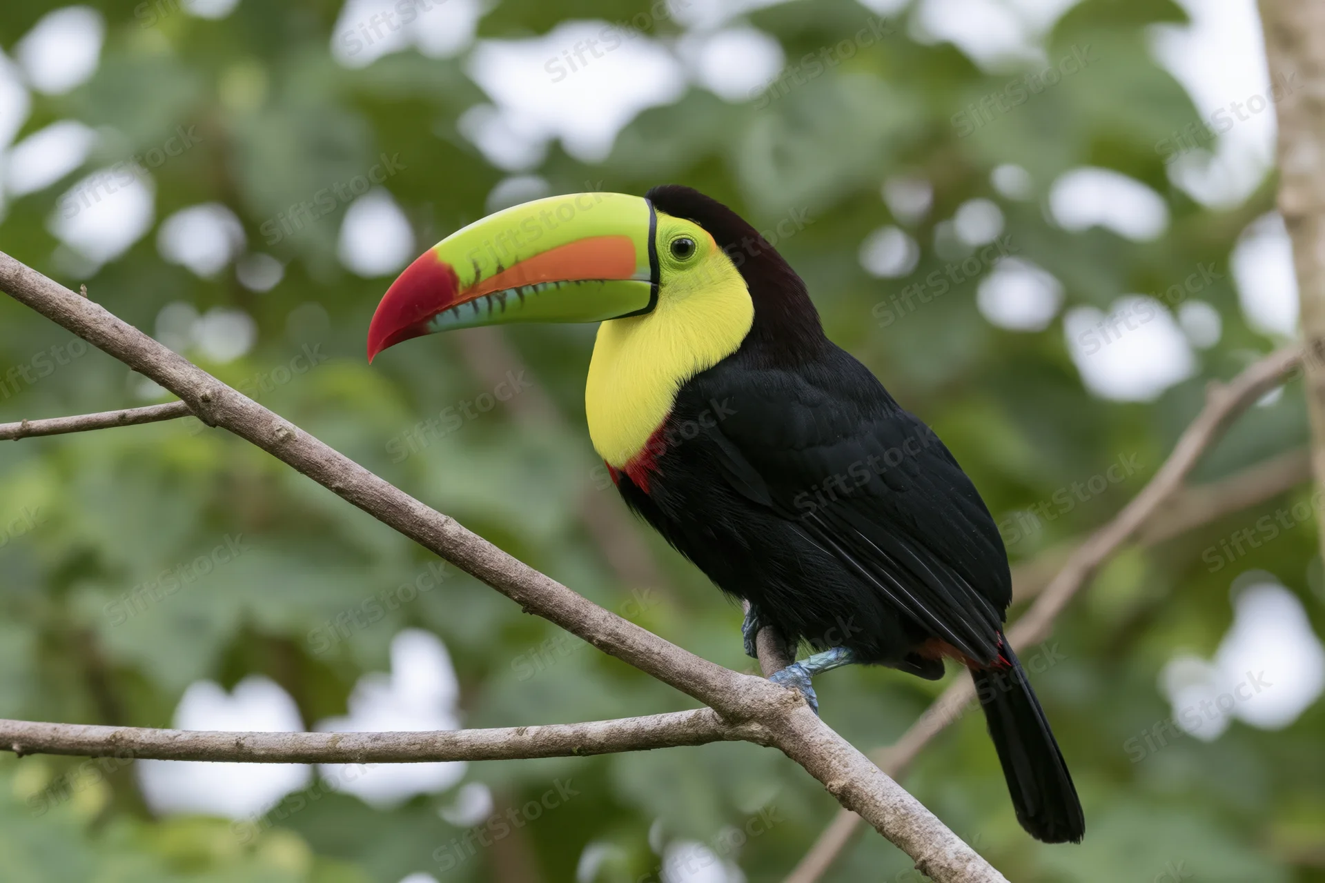 Keel-billed toucan perched on a diagonal branch in a lush green forest
