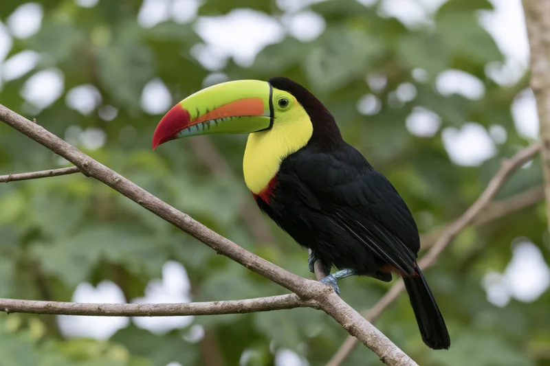 Keel-billed toucan perched on a diagonal branch in a lush green forest