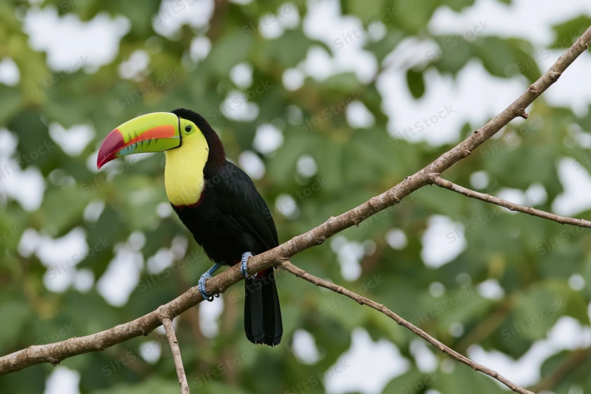 Keel-billed toucan perched on a diagonal branch in a lush green forest