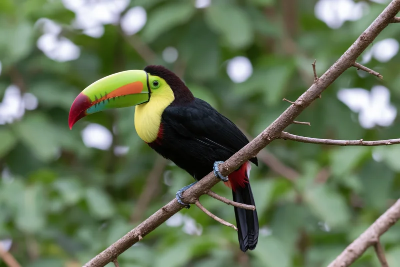 Keel-billed toucan perched on diagonal branch in tropical forest