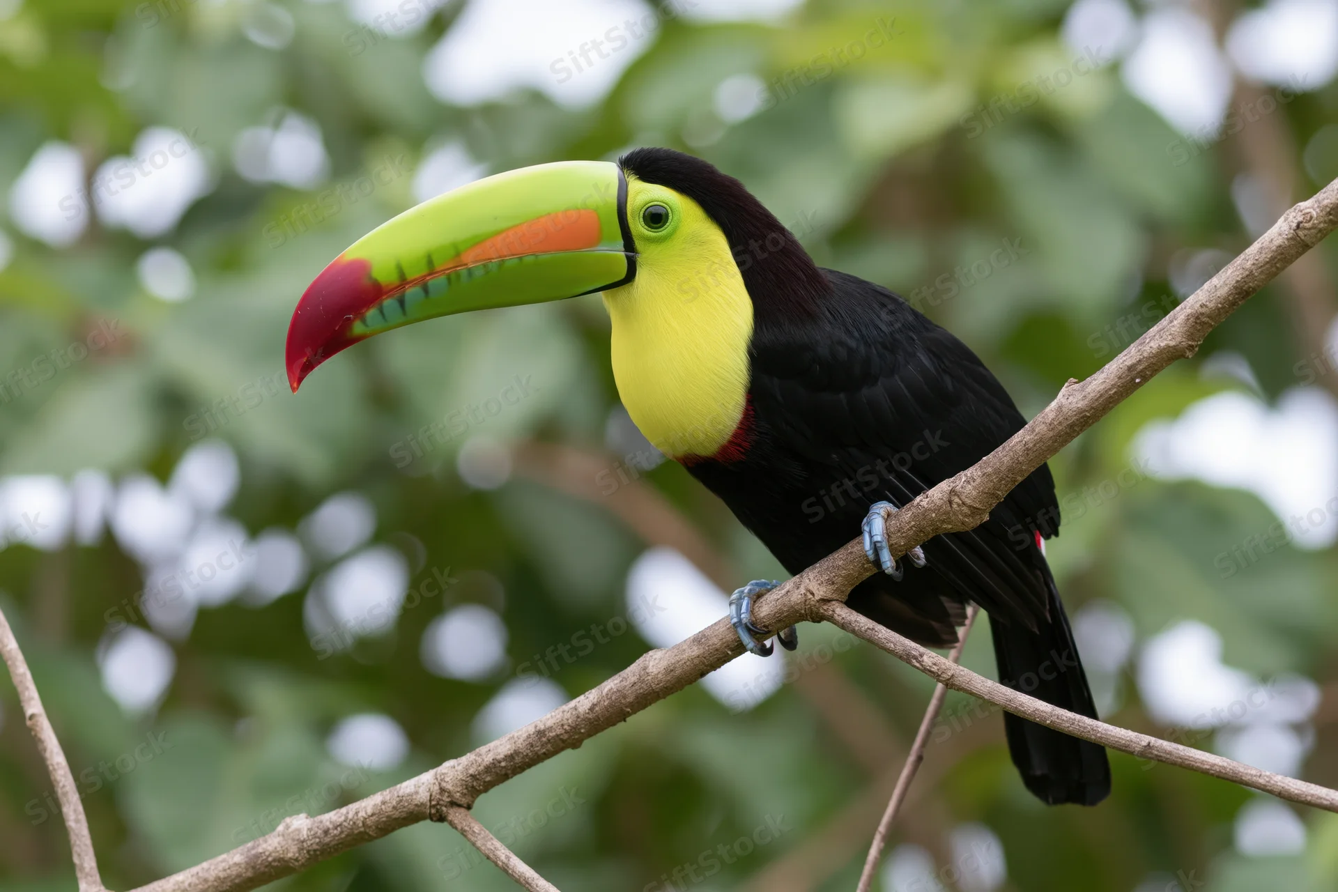 Keel-billed toucan perched on a diagonal branch facing left in a lush green forest setting