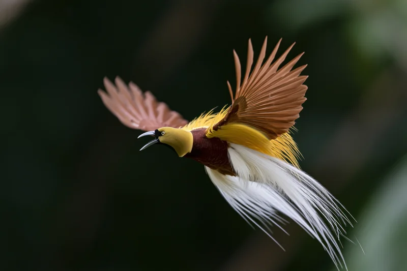 Lesser bird-of-paradise in mid-flight with wings fully spread against blurred green forest background
