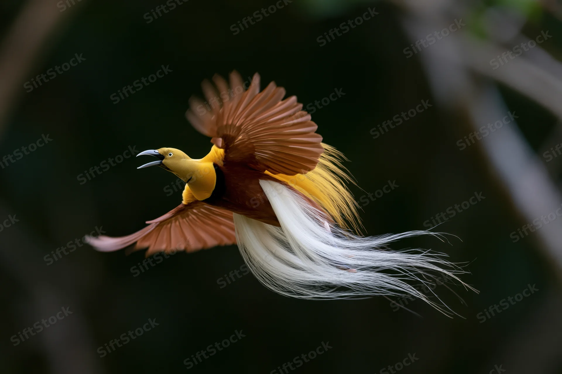 Lesser bird-of-paradise in mid-flight with wings spread and long white tail feathers flowing, set against dark forest backdrop