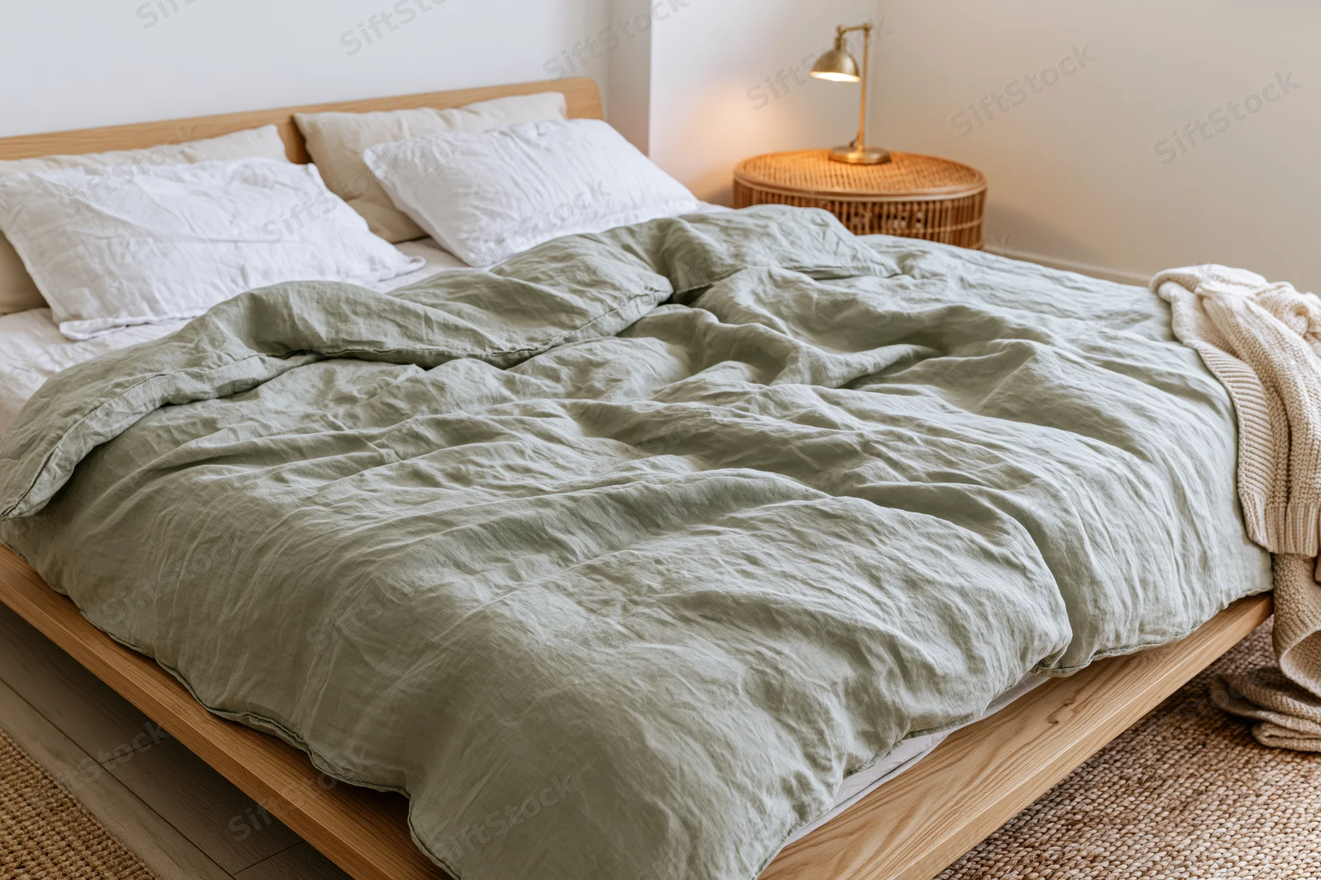 Low wooden bed with rumpled sage green linen bedding and white pillows in a cozy bedroom