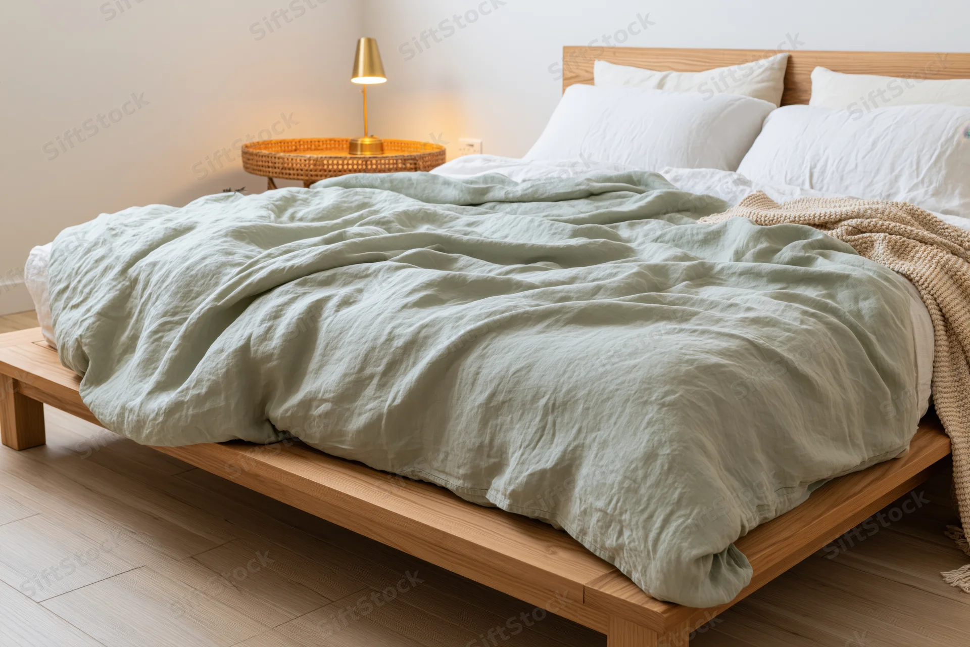 Low wooden bed with rumpled sage green linen bedding in a minimalist bedroom