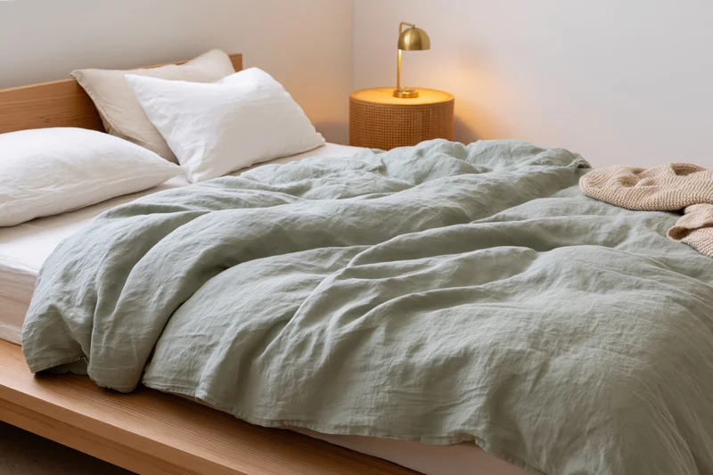 Low wooden bed with rumpled sage green linen bedding and white pillows in a minimalist bedroom