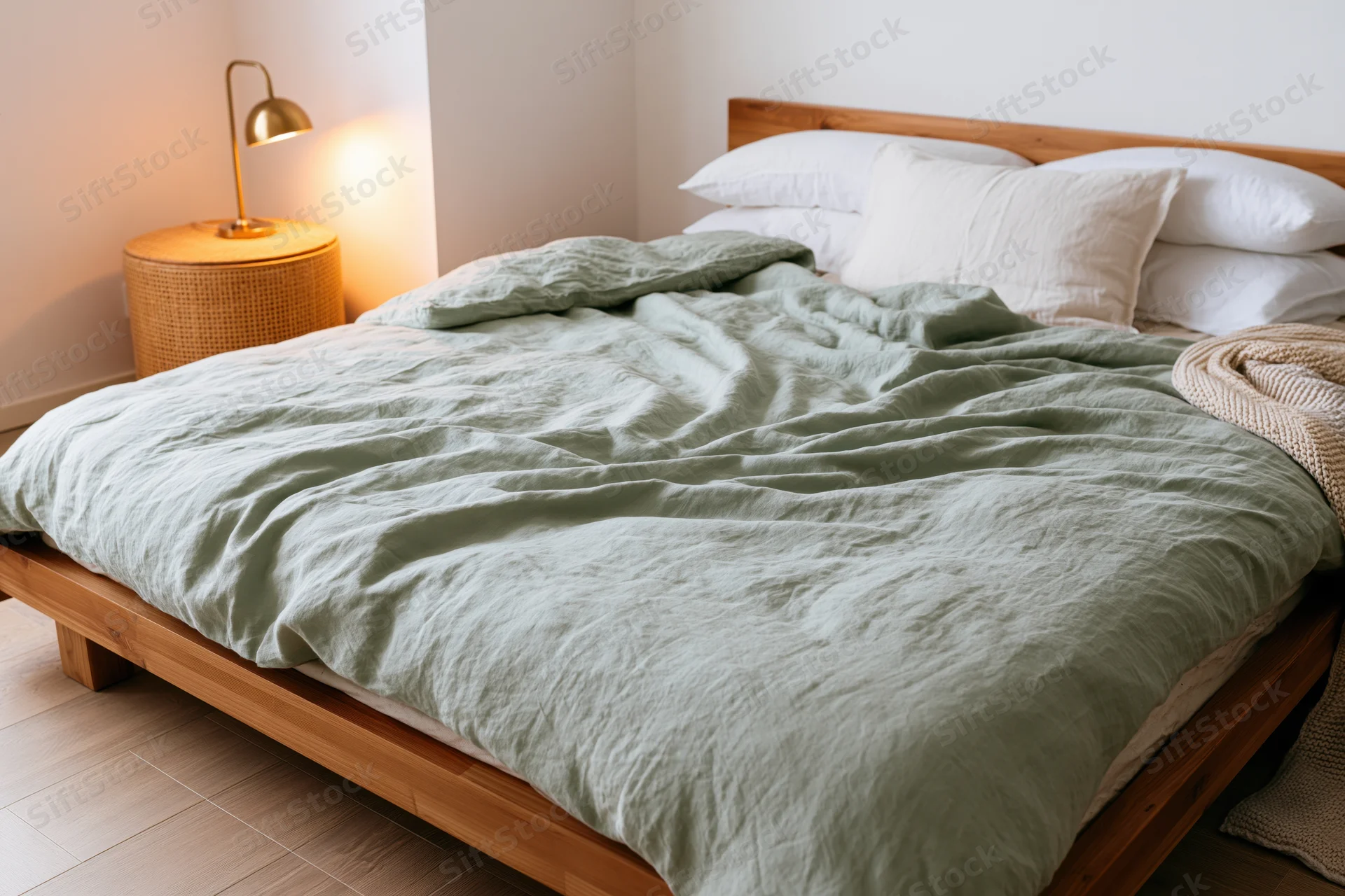 Low wooden bed with rumpled sage green linen bedding and white pillows in a minimalist bedroom