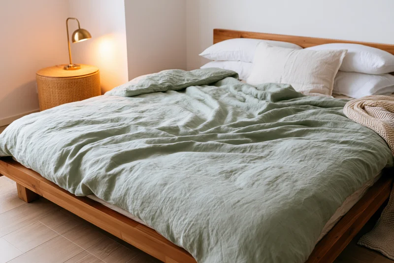 Low wooden bed with rumpled sage green linen bedding and white pillows in a minimalist bedroom