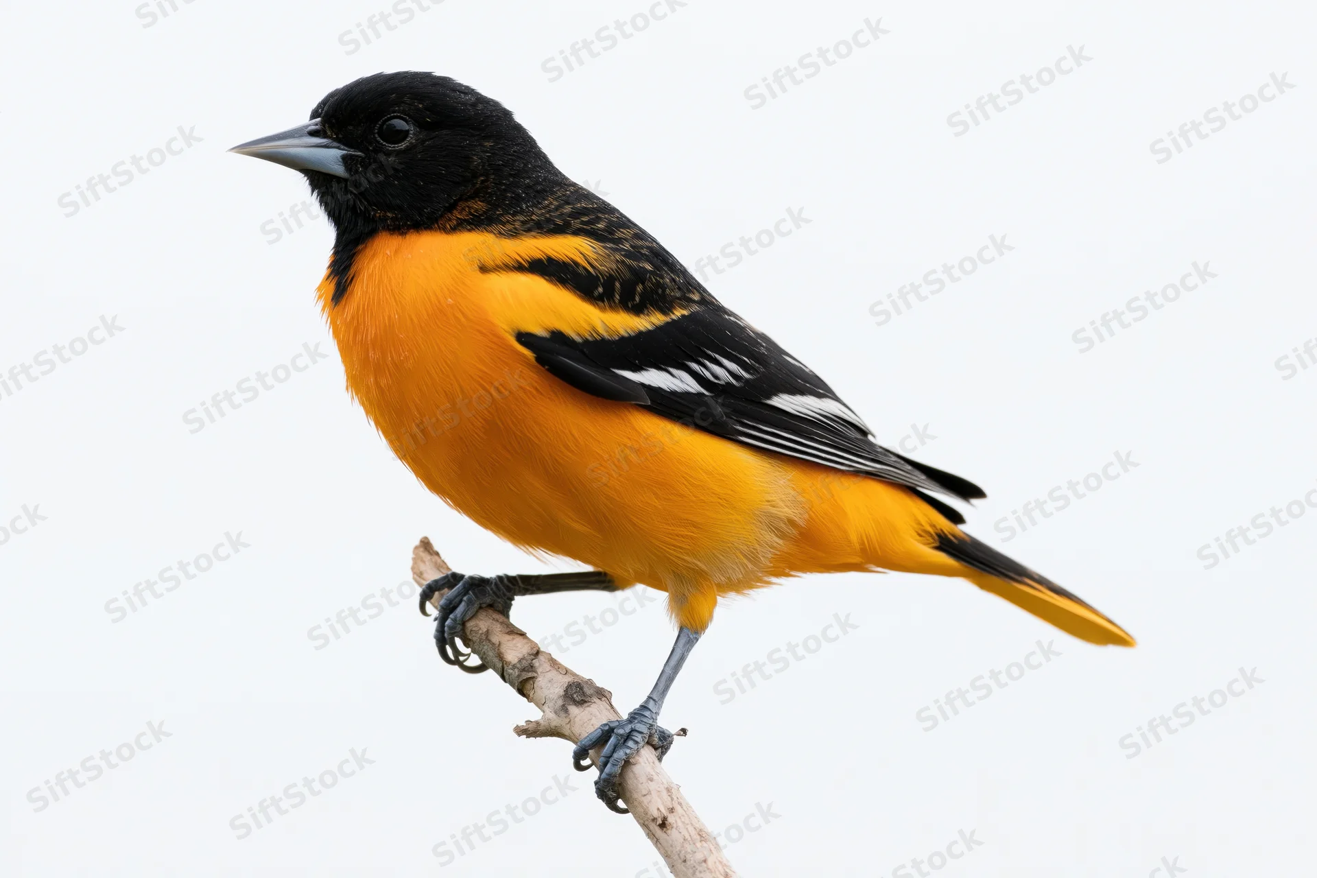 Male baltimore oriole perched upright on a bare pale wooden branch against white background