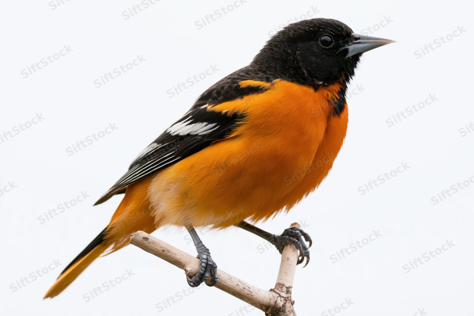 Male baltimore oriole perched on a pale wooden branch against white background