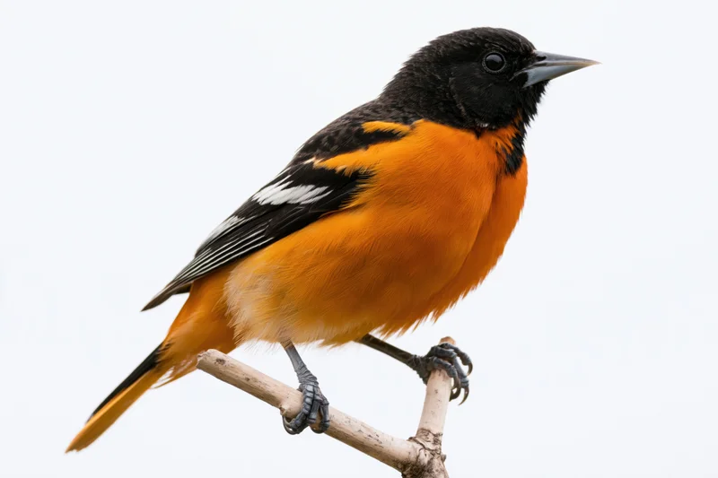 Male baltimore oriole perched on a pale wooden branch against white background