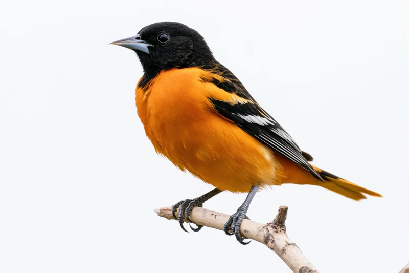 Male baltimore oriole perched upright on a bare pale wooden branch against white background