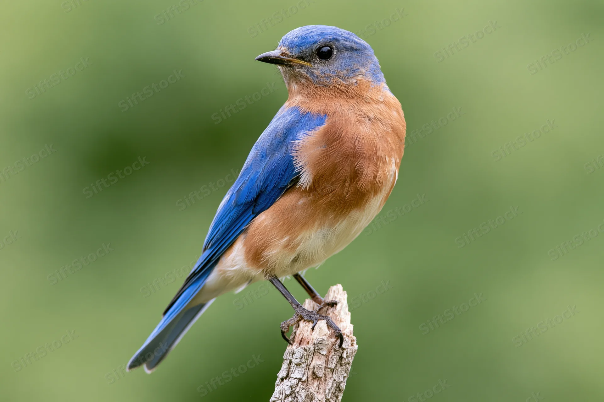 Male eastern bluebird perched upright on a weathered branch in a green natural setting