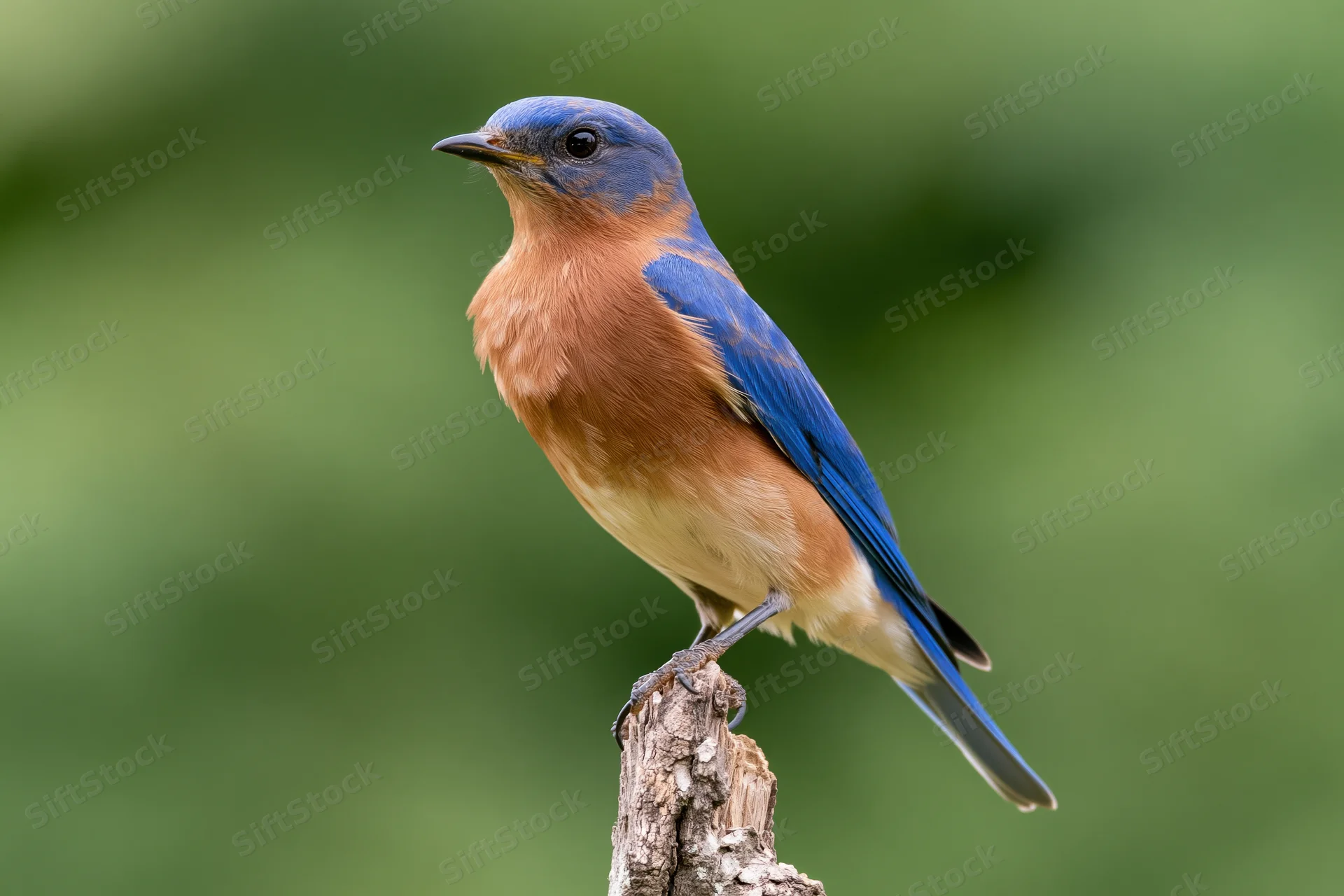 Male eastern bluebird perched upright on a weathered wooden branch in a green natural setting