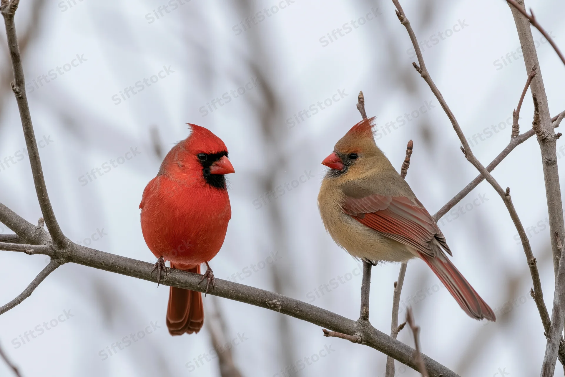 Male and female northern cardinal perched on bare winter tree branch
