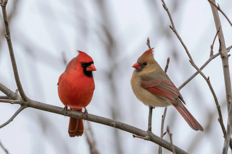 Male and female northern cardinal perched on bare winter tree branch