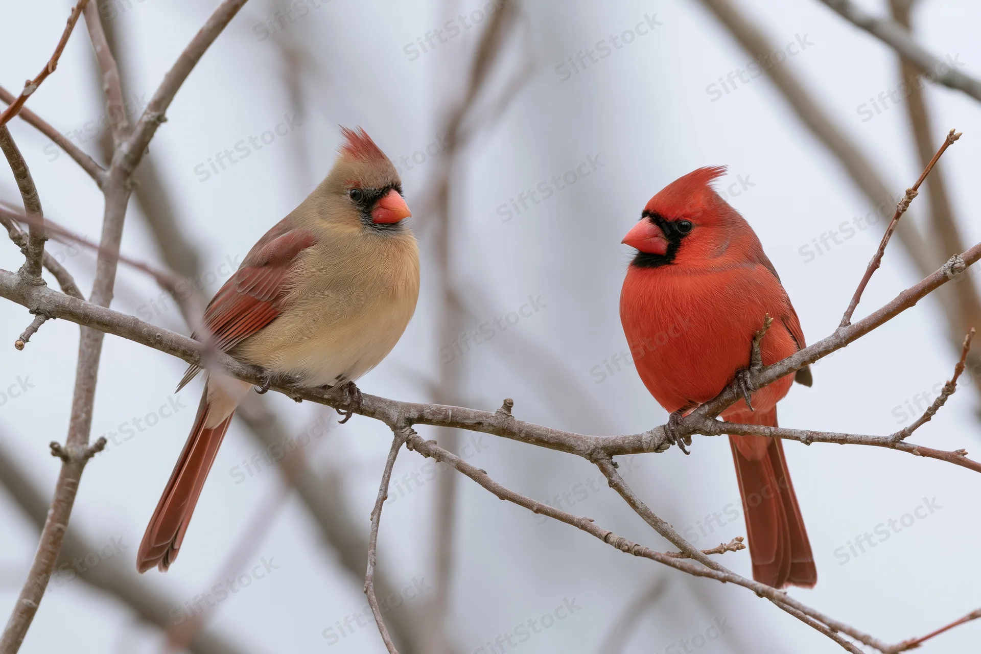 Male and female northern cardinal perched on bare winter tree branch