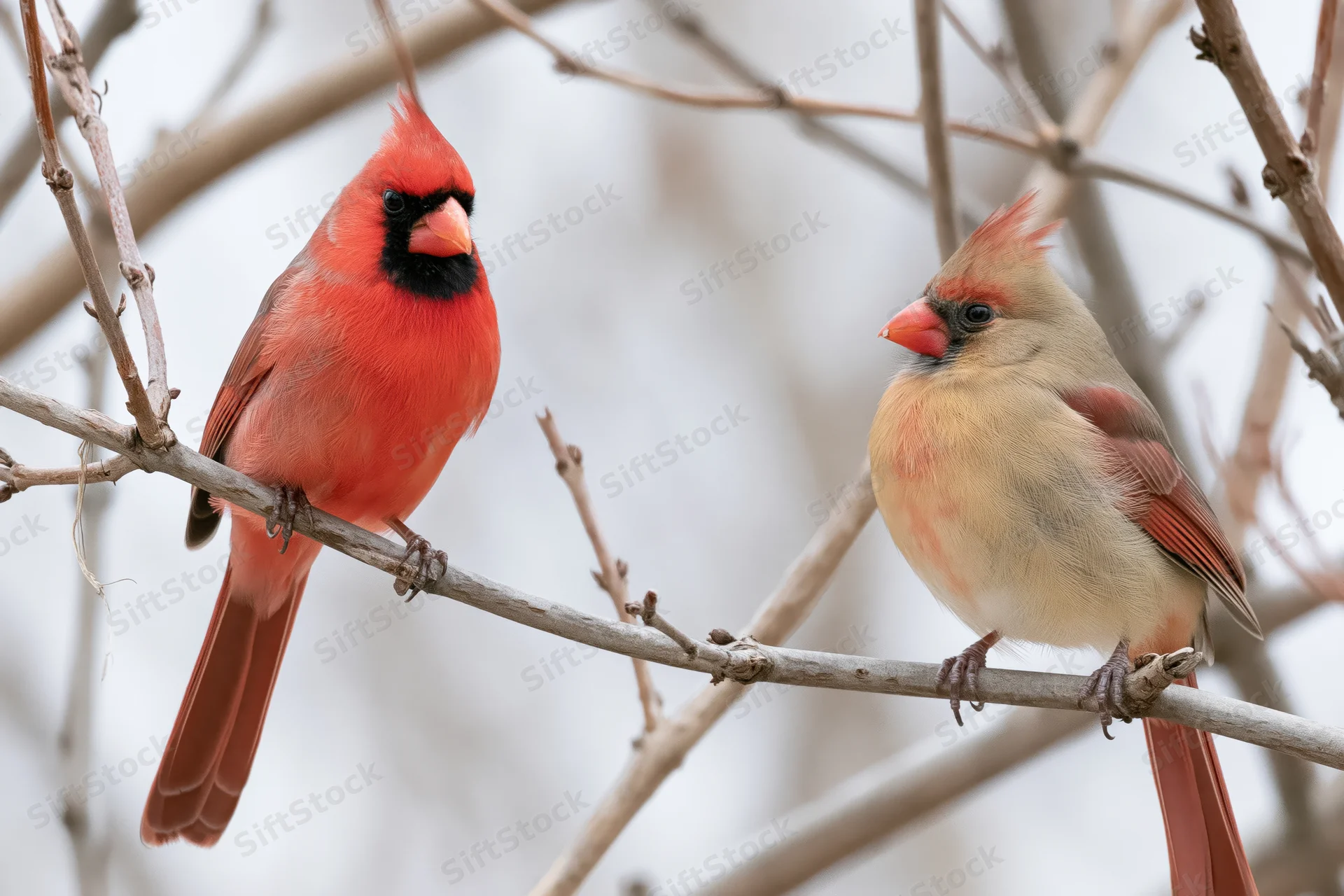 Male and female northern cardinal perched on bare winter tree branch