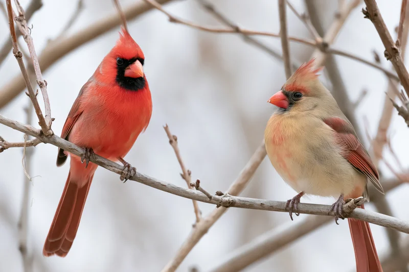 Male and female northern cardinal perched on bare winter tree branch