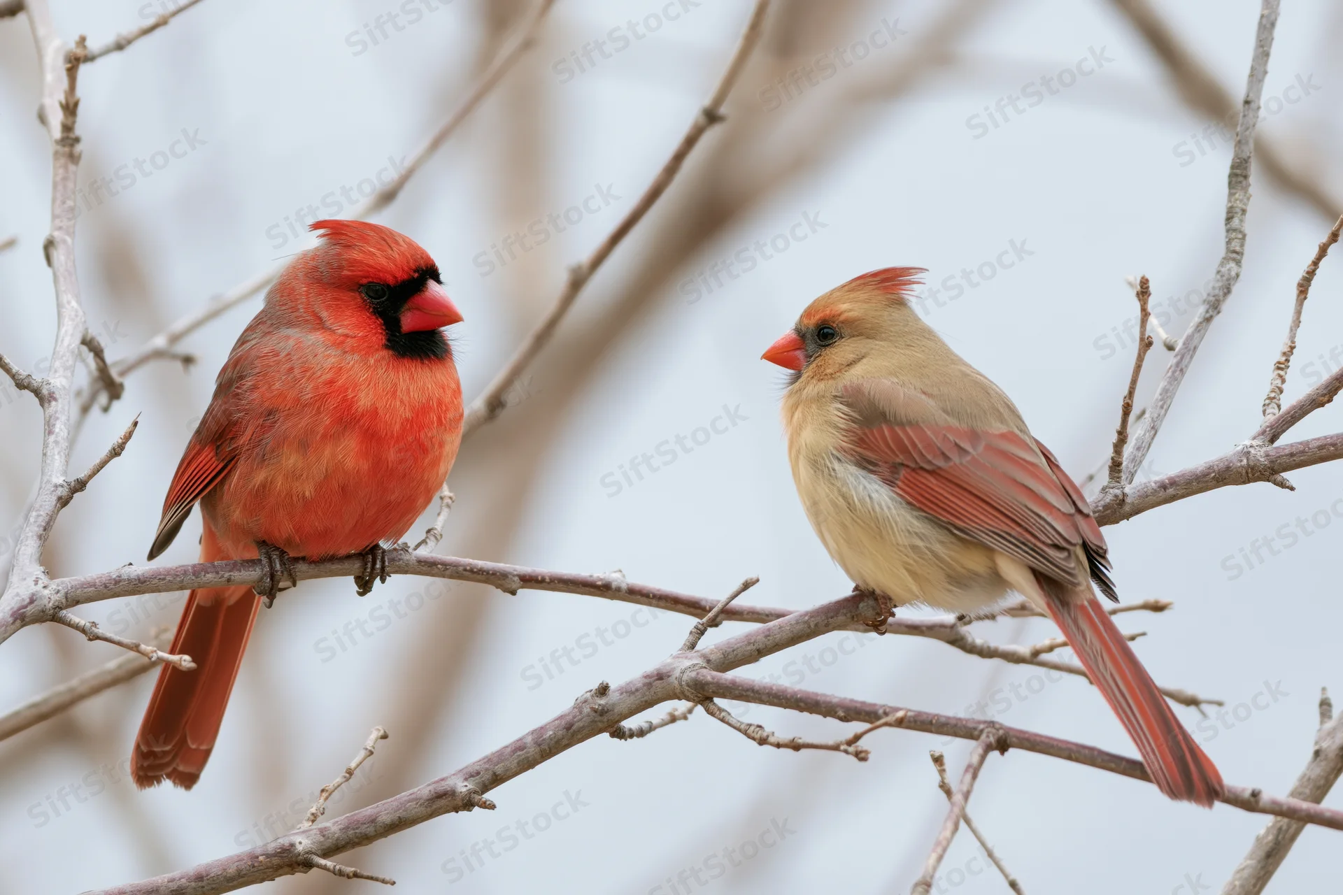 Male and female northern cardinal perched on bare winter tree branch