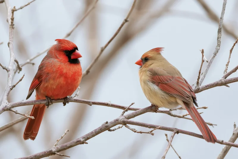 Male and female northern cardinal perched on bare winter tree branch