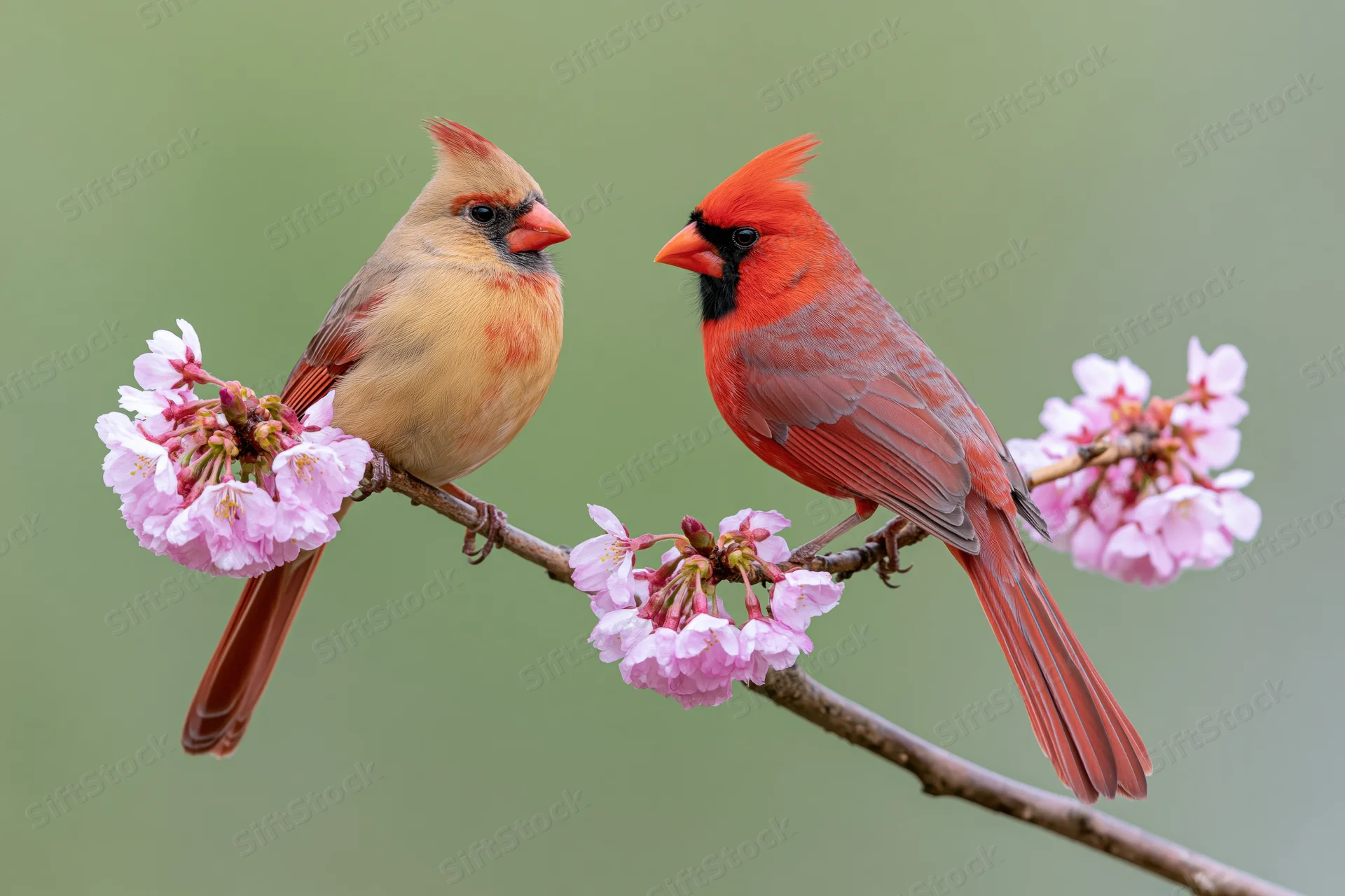 Male and female northern cardinal perched side by side on a cherry blossom branch