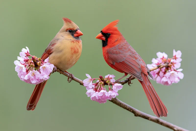 Male and female northern cardinal perched side by side on a cherry blossom branch