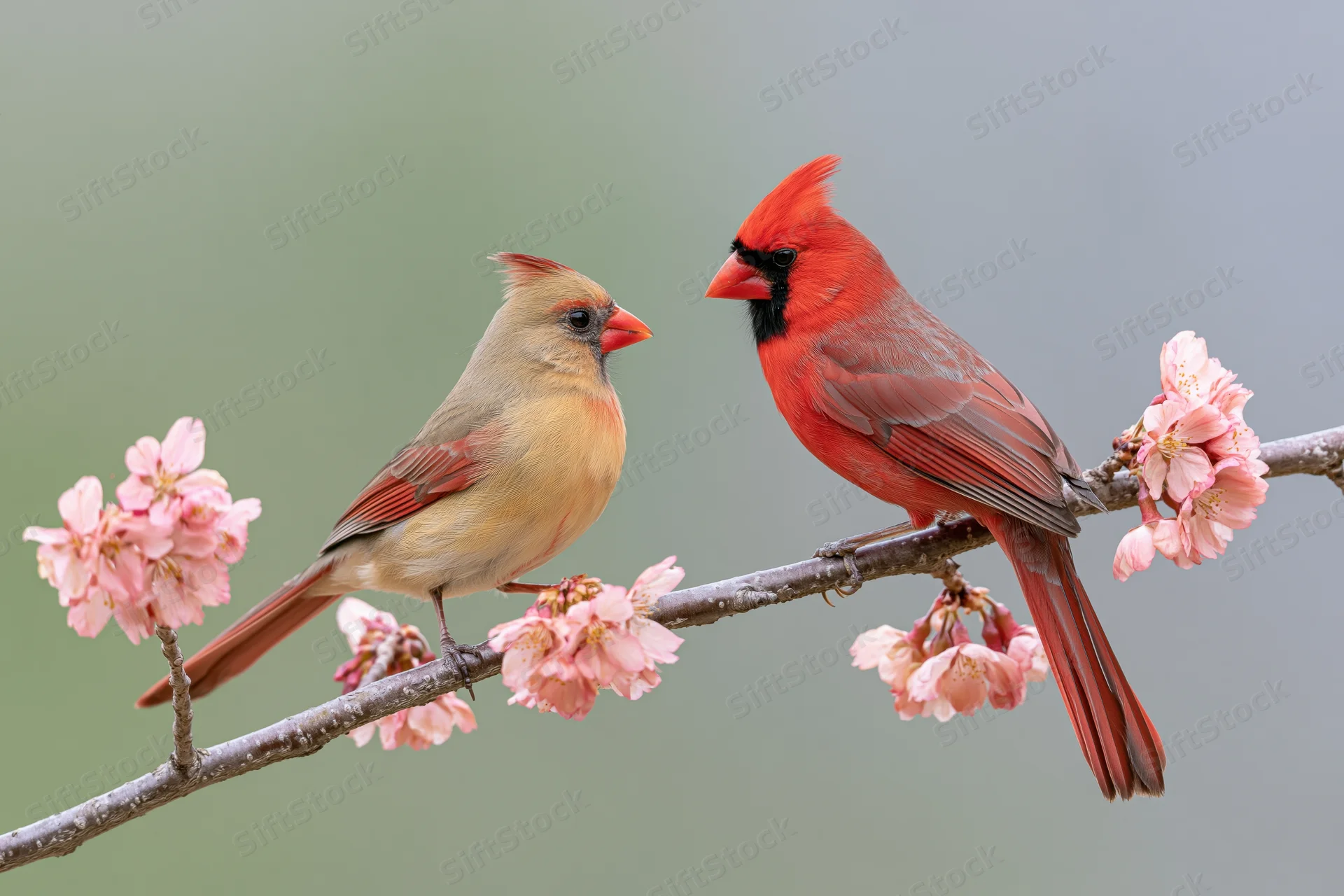 Male and female cardinal perched side by side on a flowering branch