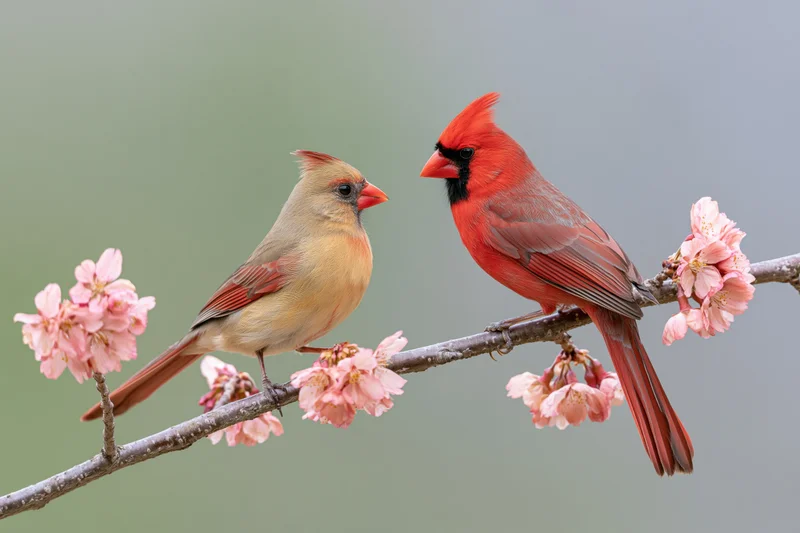 Male and female cardinal perched side by side on a flowering branch