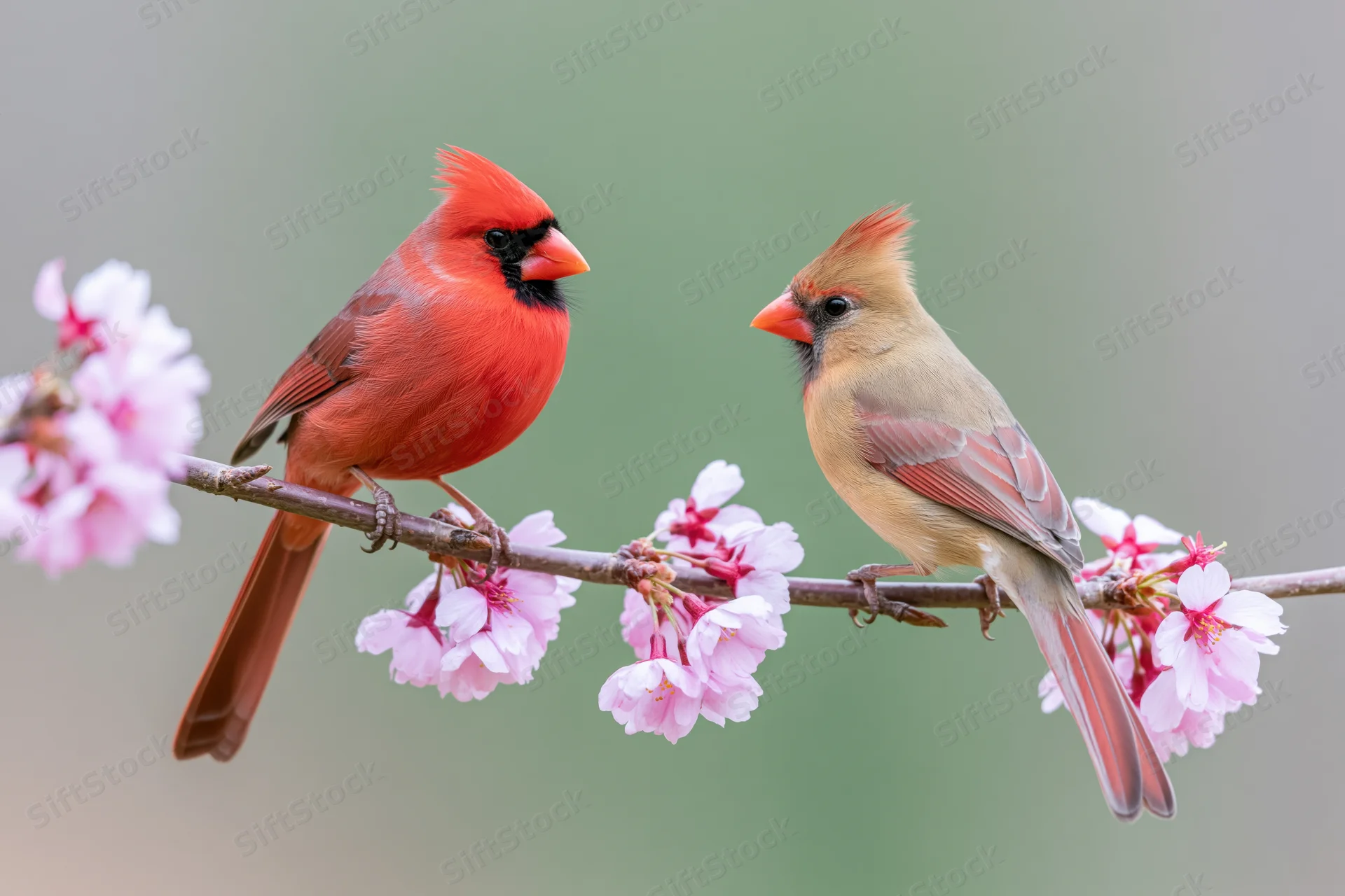 Male and female cardinal perched side by side on a flowering cherry branch