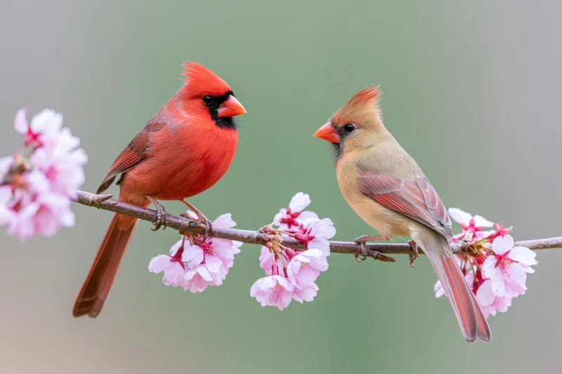 Cardinal Couple on Blooming Branch in Quiet Spring Morning L
