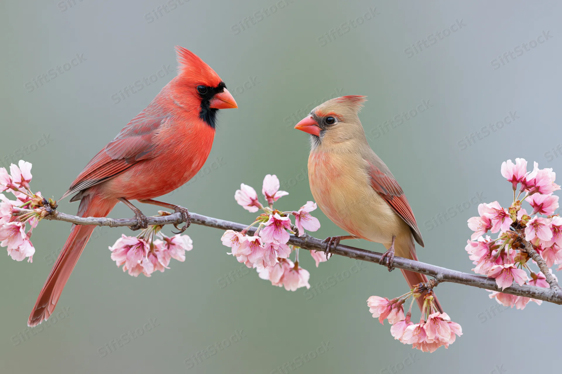 Male and female cardinal perched side by side on a flowering cherry branch