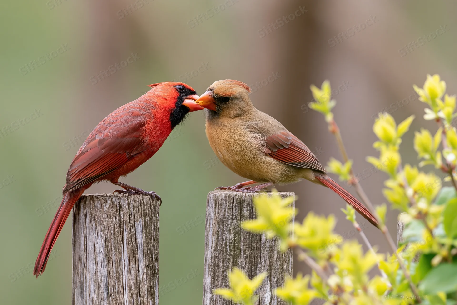 Male and female northern cardinal perched on wooden posts feeding each other in spring garden