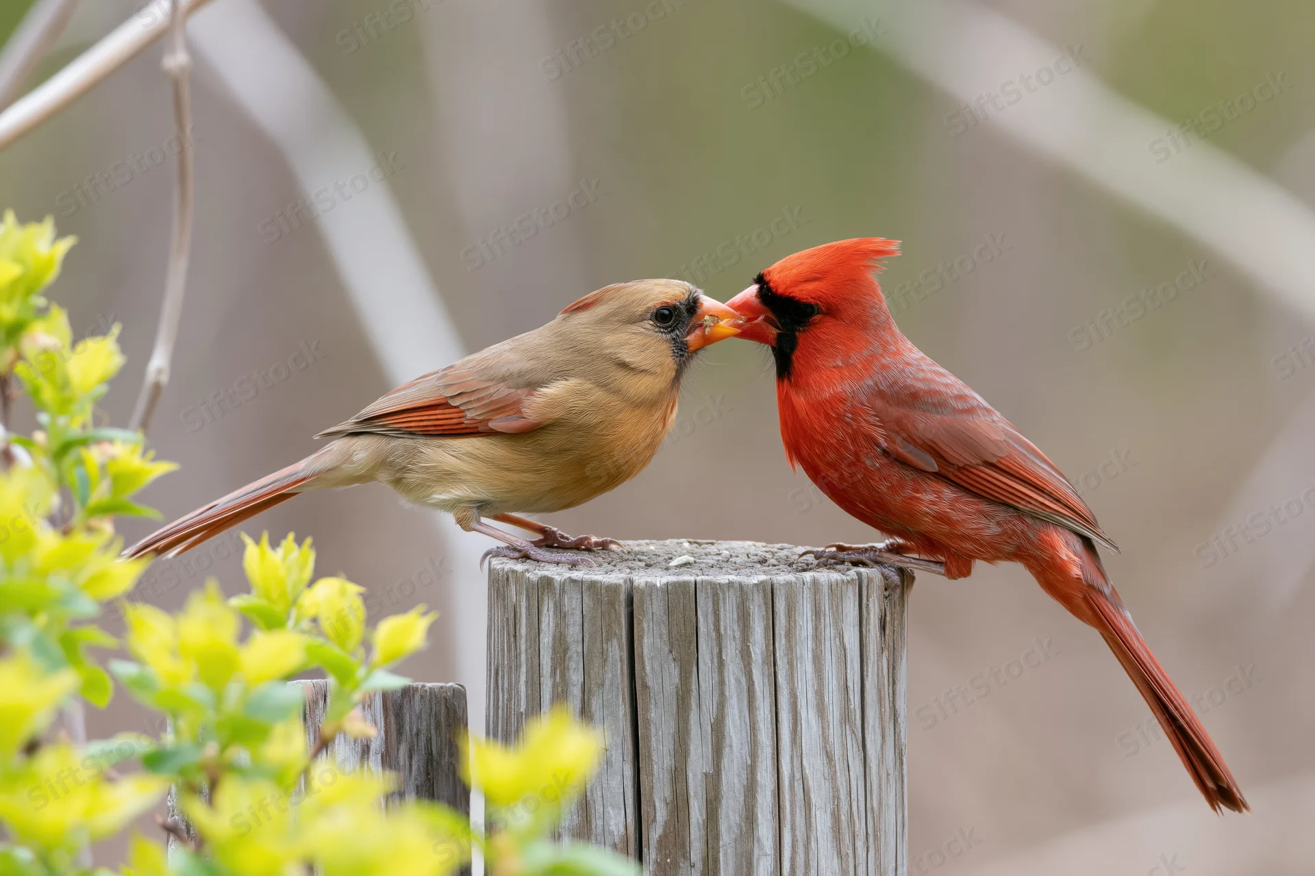 Male and female northern cardinal perched on wooden post feeding each other in garden setting