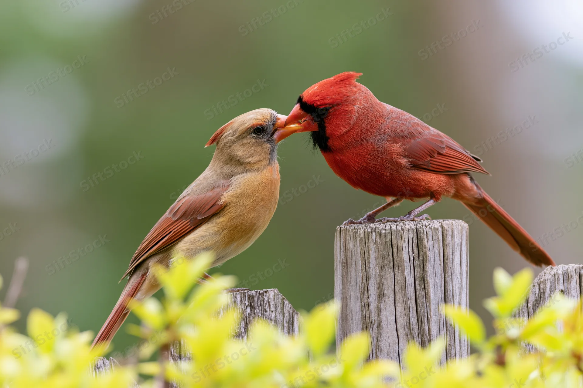 Male and female northern cardinal perched on wooden fence post feeding each other in garden setting