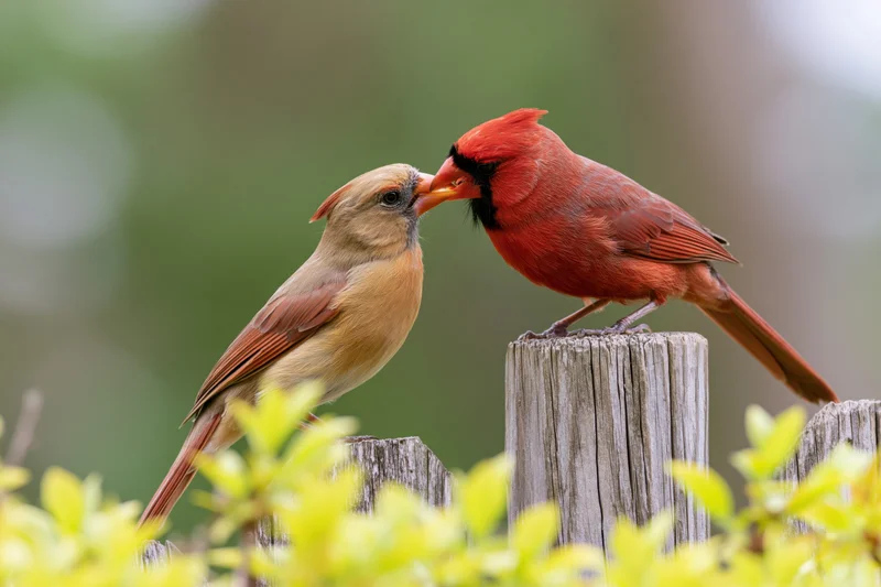 Male and female northern cardinal perched on wooden fence post feeding each other in garden setting