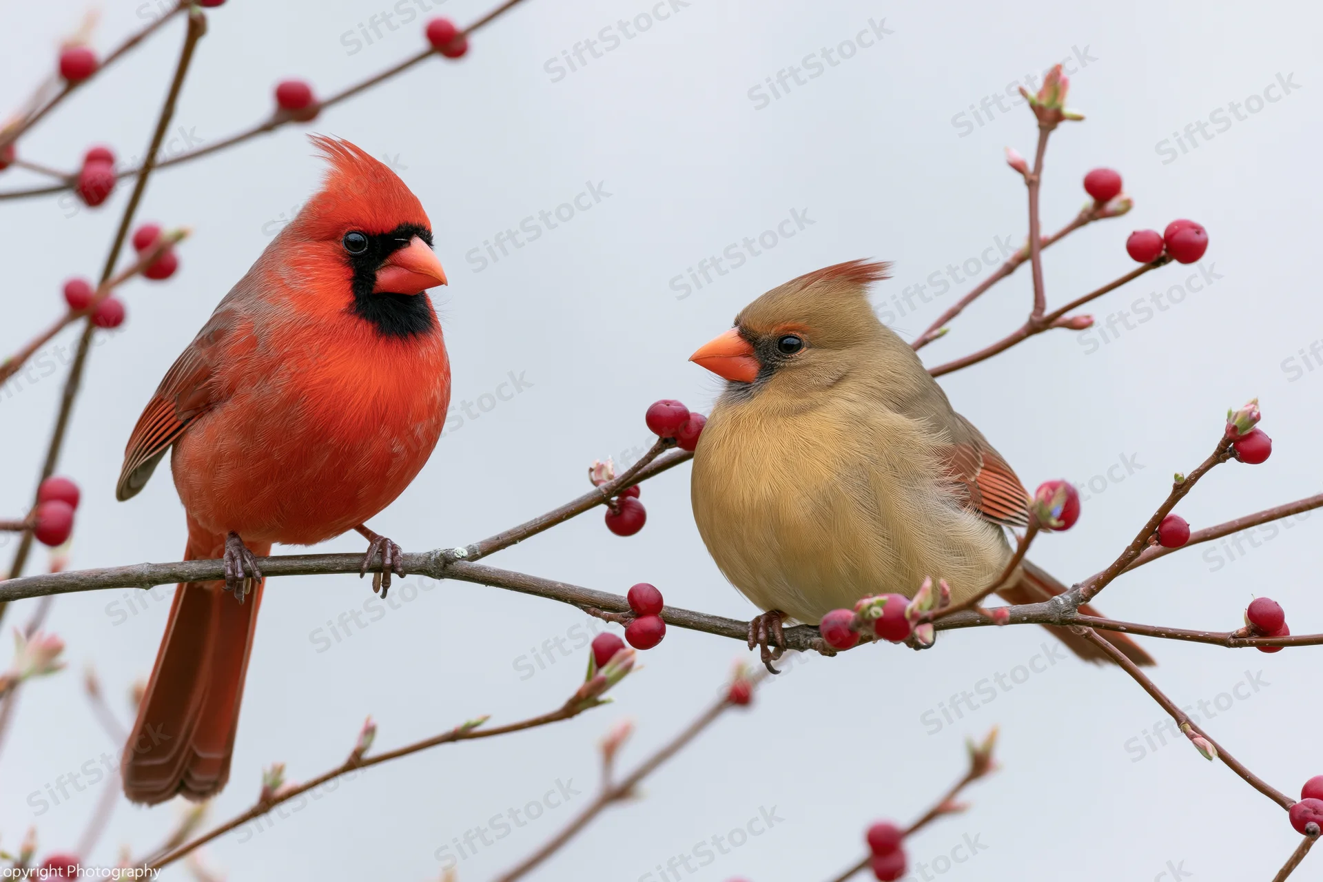 Male and female northern cardinal perched side by side on a flowering branch