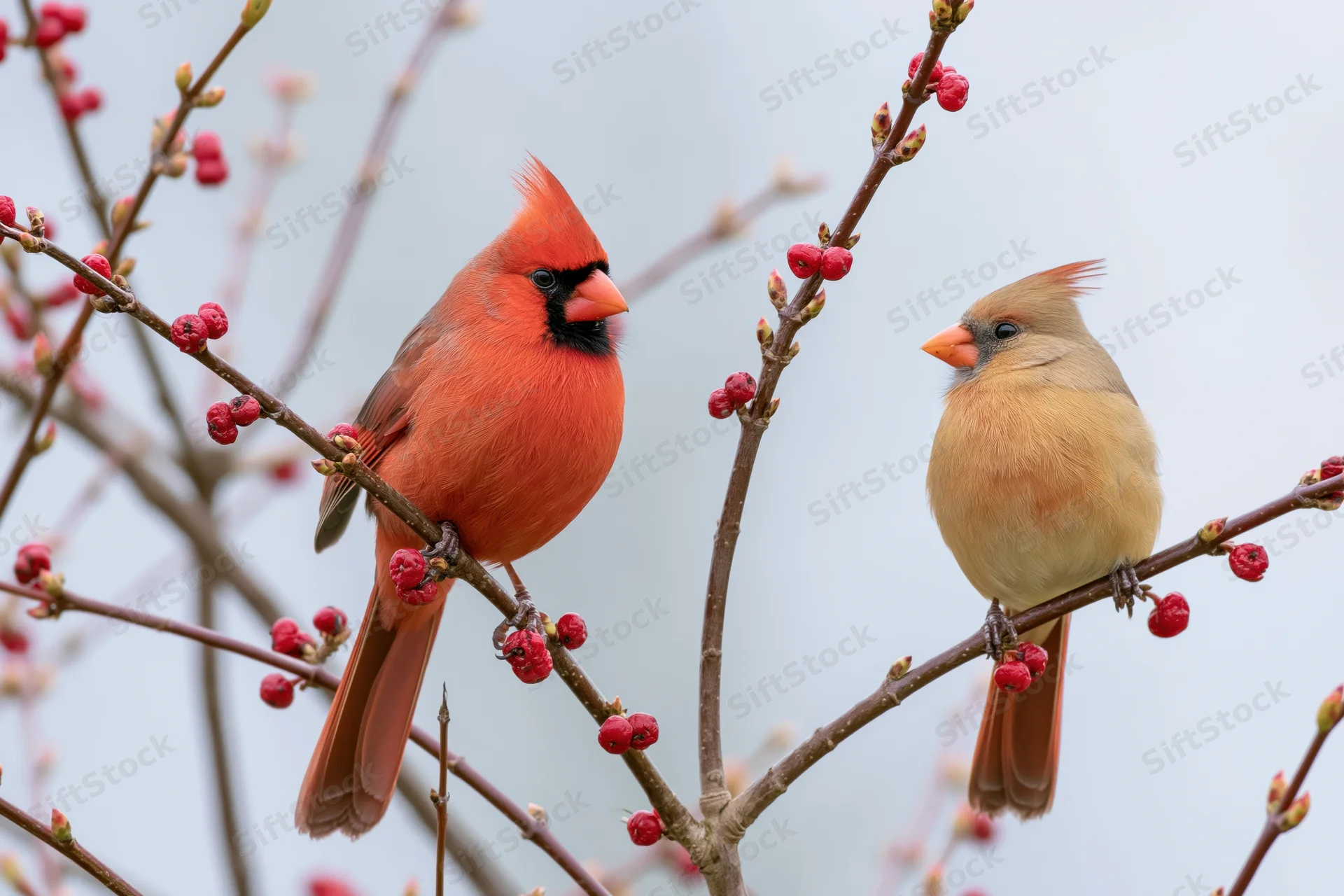 Male and female northern cardinal perched side by side on a flowering branch