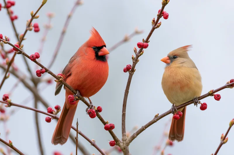 Male and female northern cardinal perched side by side on a flowering branch
