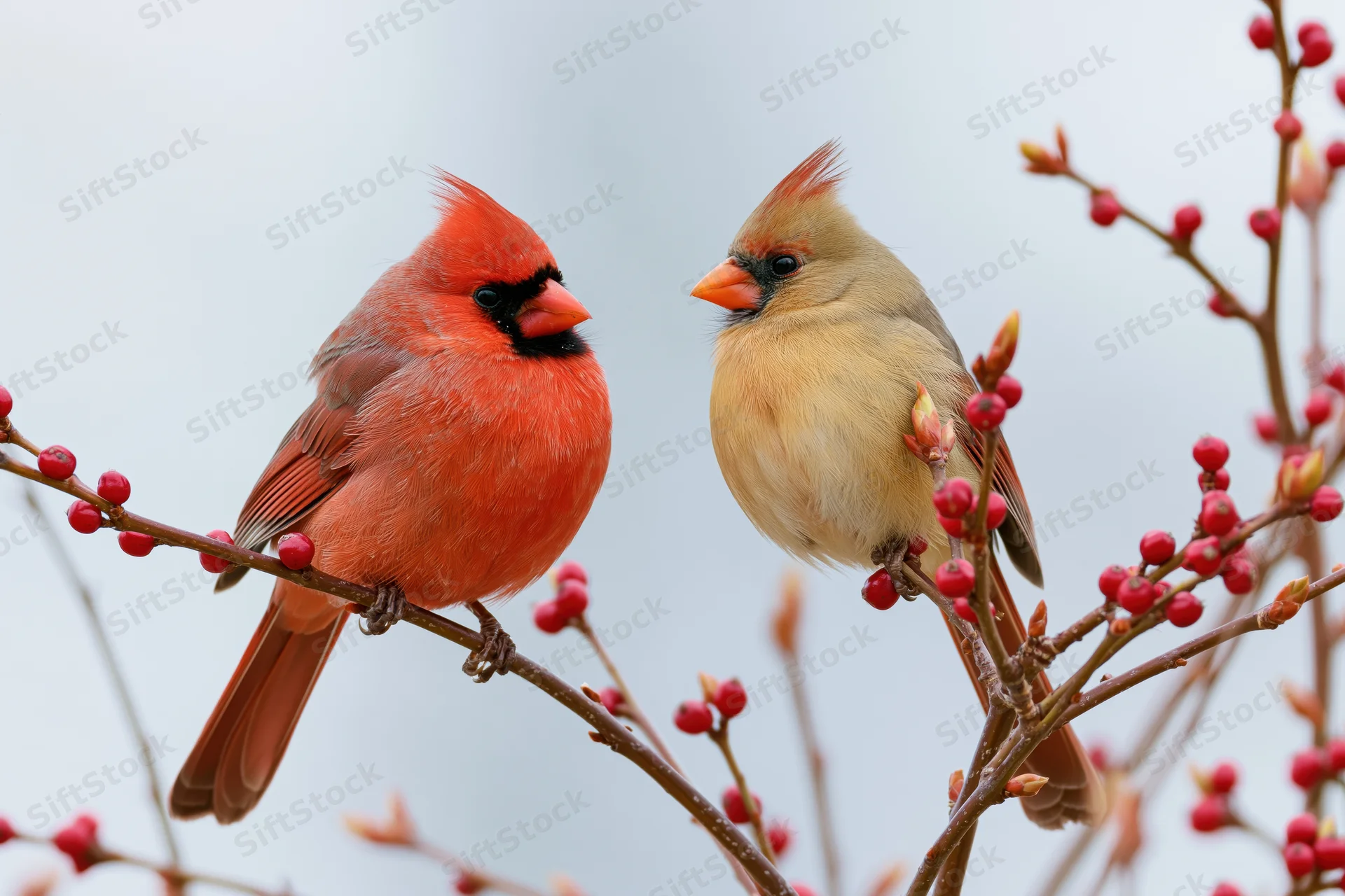Male and female northern cardinals perched side by side on a berry-laden branch