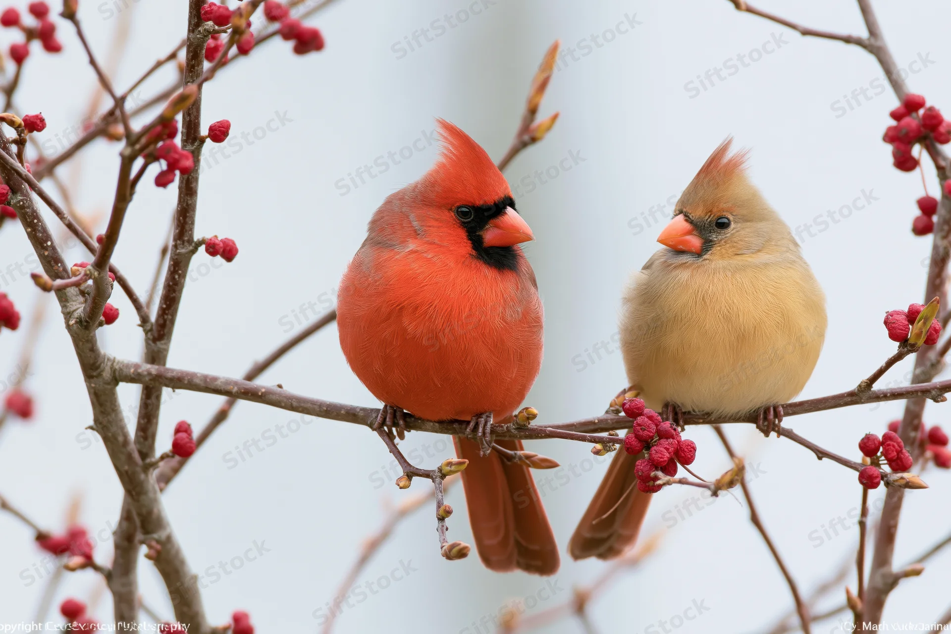 Male and female northern cardinal perched side by side on a bare branch with red berries