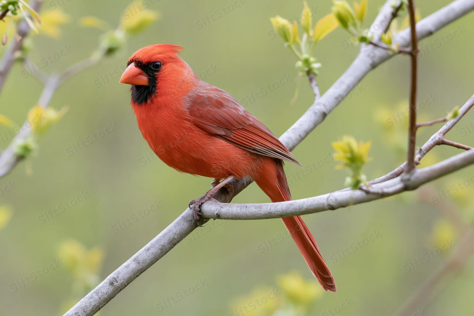 Male northern cardinal perched alertly on a tree branch in spring foliage