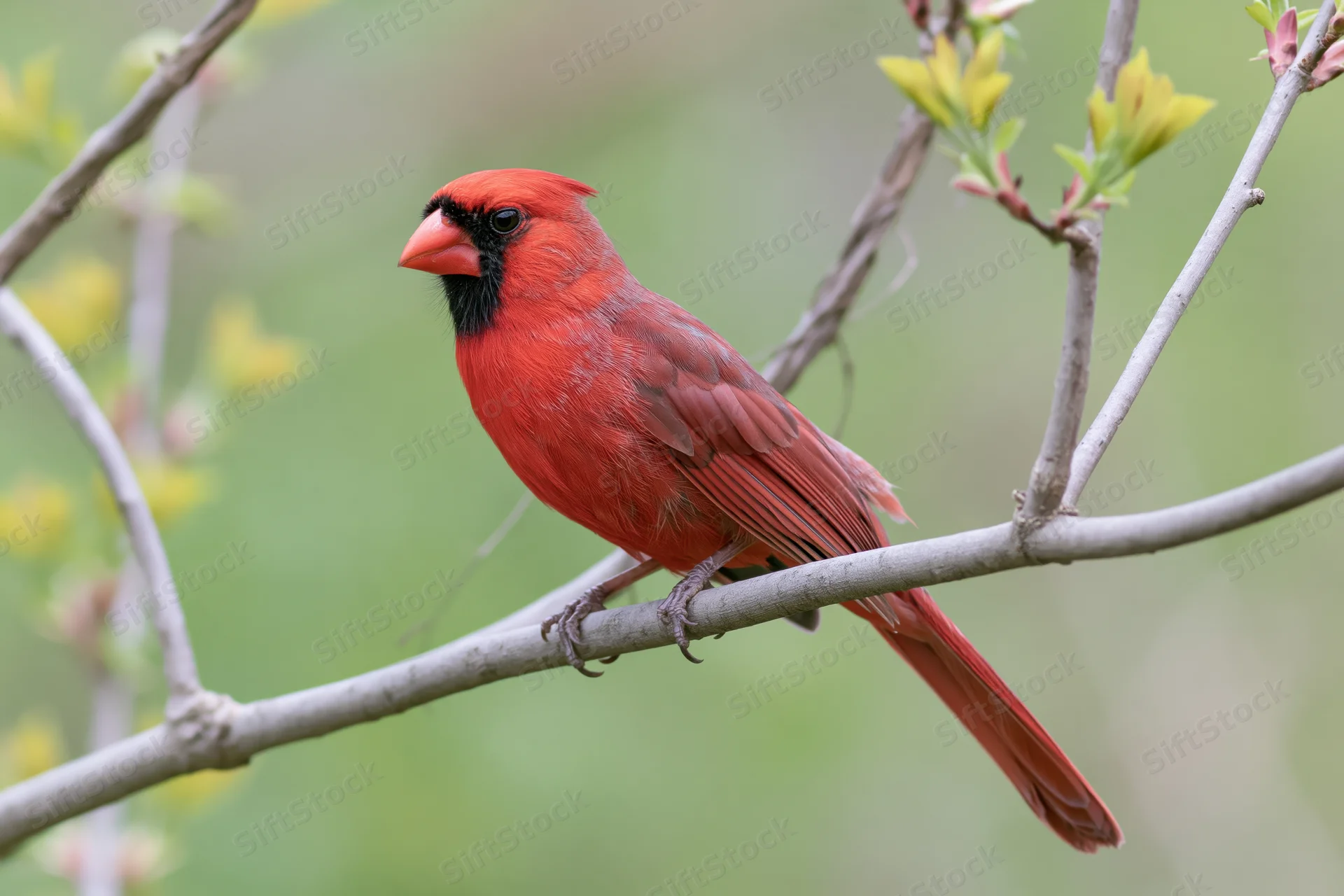 Male northern cardinal perched alertly on a tree branch among spring foliage